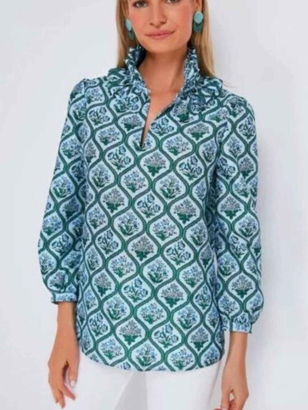 Tuckernuck Blue Green Floral Medallion Print Ruffle Neck Blouse Large